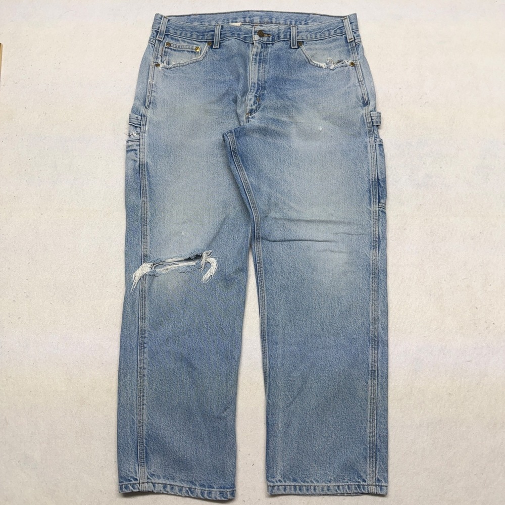 Carhartt Jeans Mens 38x30 Relaxed Carpenter Distressed Denim Light Wash B171-DST
